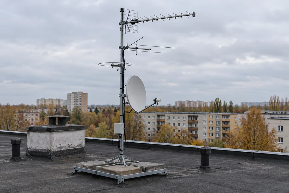 Wizualizacja AI: zbiorczy zestaw anten naziemnych, radiowej i satelitarnej na dachu polskiego bloku